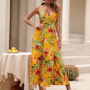 New Tropical Print Tie Backless Split Thigh Halter Dress Yellow
